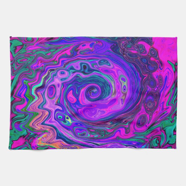 Groovy Abstrakt Retro Magenta und Lila Swirl Geschirrtuch (Horizontal)
