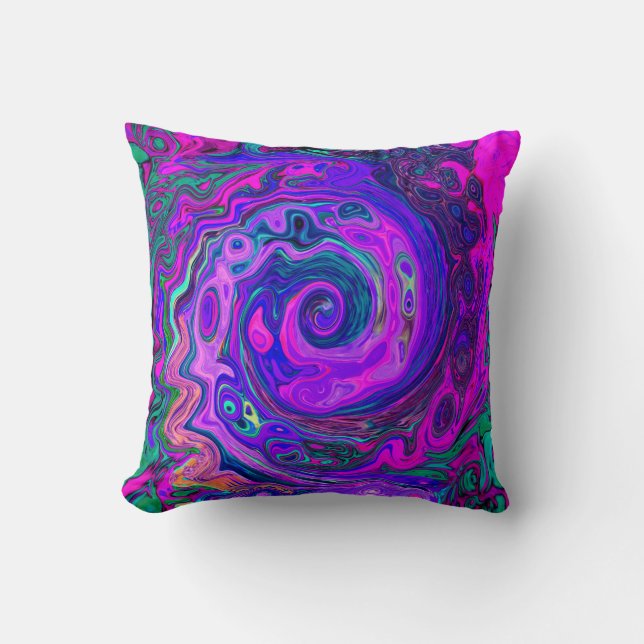 Groovy Abstrakt Retro Magenta und Lila Swirl Kissen (Vorderseite)