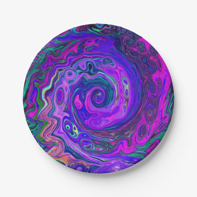 Groovy Abstrakt Retro Magenta und Lila Swirl Pappteller (Vorderseite)