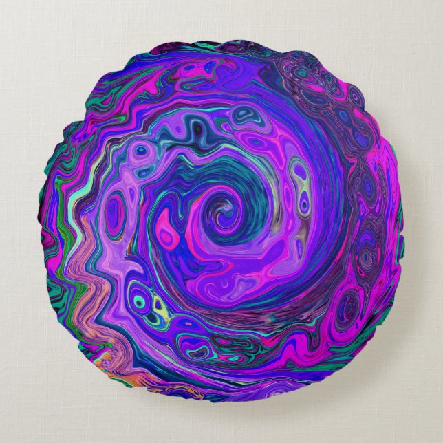 Groovy Abstrakt Retro Magenta und Lila Swirl Rundes Kissen (Vorderseite)