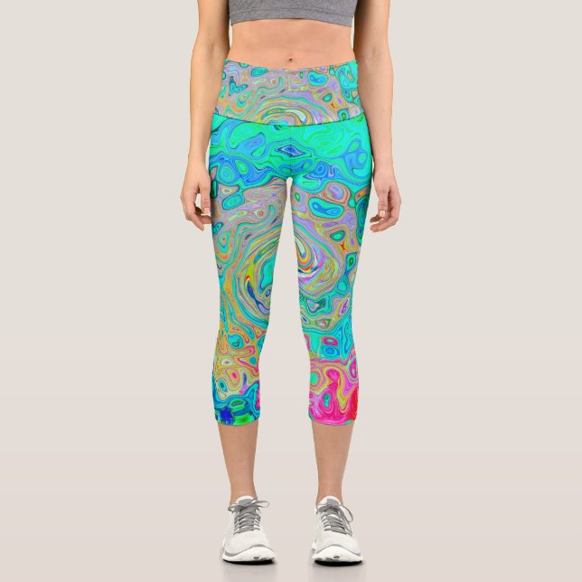 Groovy Abstrakt Retro Rainbow Liquid Swirl Capri Leggings (Vorderseite)