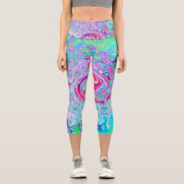 Groovy Abstrakt Retro Rosa und grüner Swirl Capri Leggings