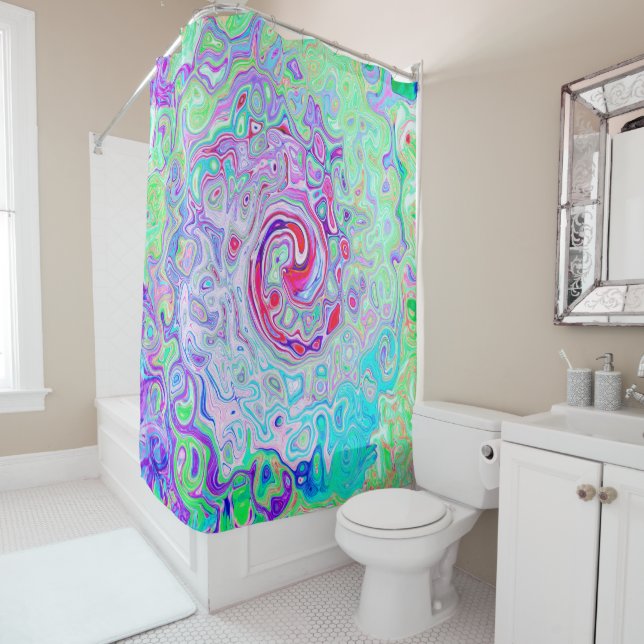 Groovy Abstrakt Retro Rosa und grüner Swirl Duschvorhang (Beispiel)