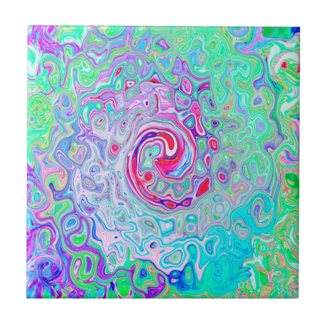 Groovy Abstrakt Retro Rosa und grüner Swirl Fliese (Vorderseite)