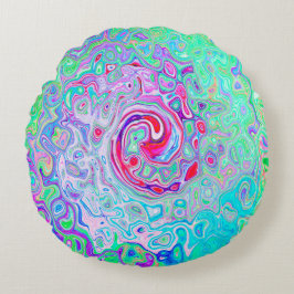 Groovy Abstrakt Retro Rosa und grüner Swirl Rundes Kissen