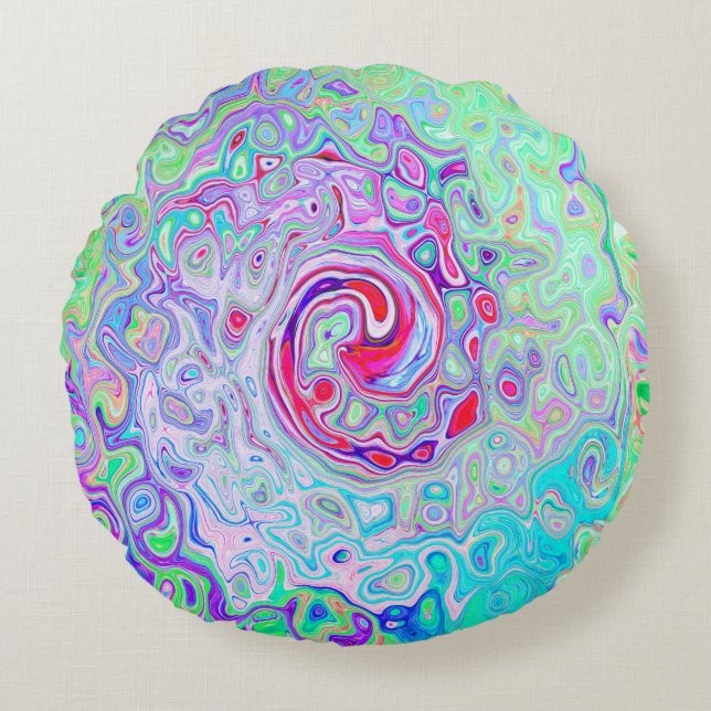 Groovy Abstrakt Retro Rosa und grüner Swirl Rundes Kissen (Vorderseite)
