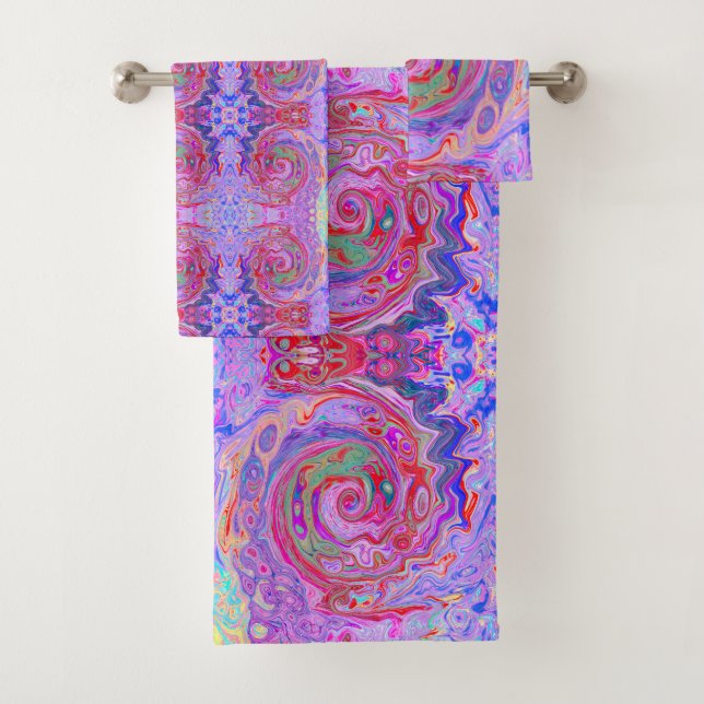 Groovy Abstrakt Retro Rot, Lila und rosa Swirl Badhandtuch Set (Insitu)