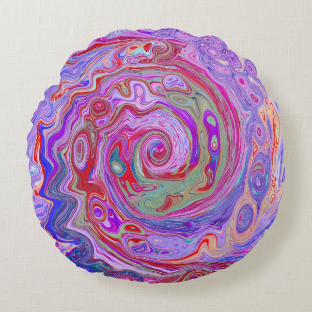 Groovy Abstrakt Retro Rot, Lila und rosa Swirl Rundes Kissen (Vorderseite)