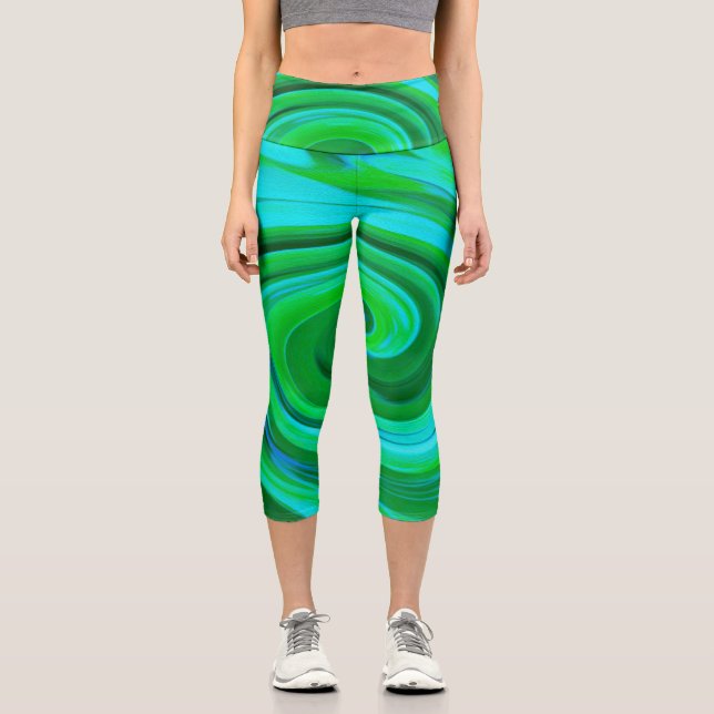 Groovy Abstrakt Türkis Liquid Swirl Malerei Capri Leggings (Vorderseite)