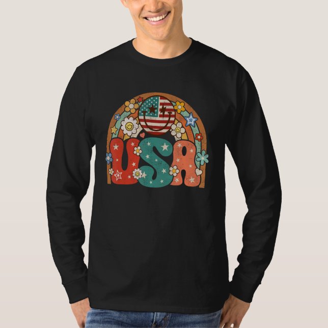 Groovy American Flag USA Retro Rainbow Smile Face  T-Shirt (Vorderseite)