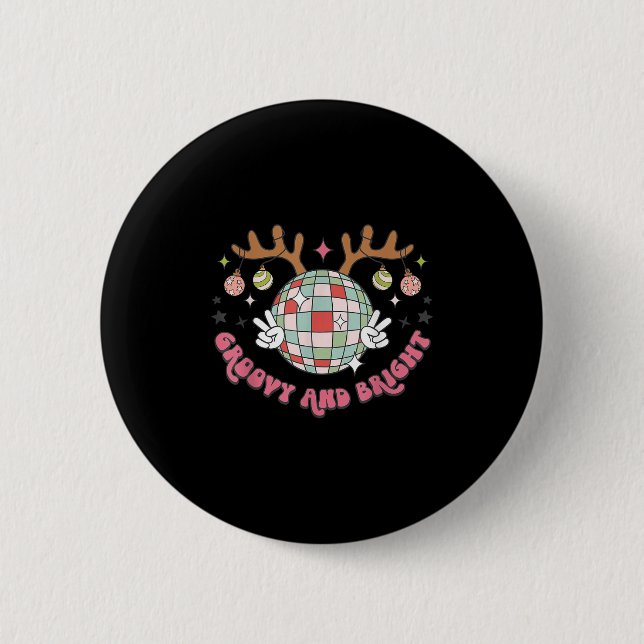 Groovy And Bright Merry Christmas Disco Ball Reind Button (Vorderseite)