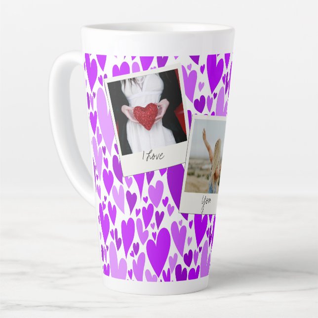 Groovy and Romantic Lila Hearts Valentine Foto Milchtasse (Linke Ecke)
