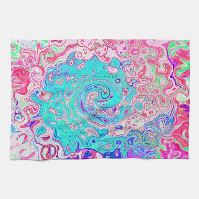 Groovy Aqua Blau und Rosa Abstrakt Retro Swirl Geschirrtuch (Horizontal)