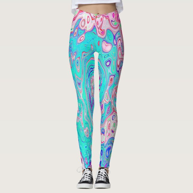 Groovy Aqua Blau und Rosa Abstrakt Retro Swirl Leggings (Vorderseite)