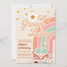 Groovy Babe Pink Van Daisy Rainbow 1. Geburtstag Einladung