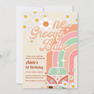 Groovy Babe Pink Van Daisy Rainbow 1. Geburtstag Einladung