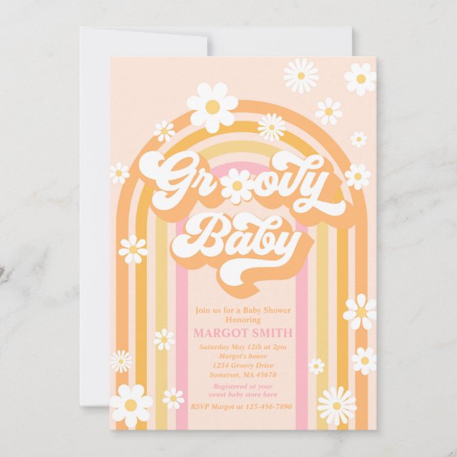 Groovy Baby Boho Daisy Rainbow Baby Shower Einladung (Vorderseite)