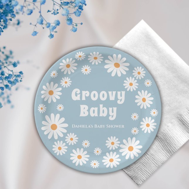 Groovy Baby Boy Daisy 70er Retro Babydusche Pappteller (groovy baby shower paper plates flower power daisies blue retro)