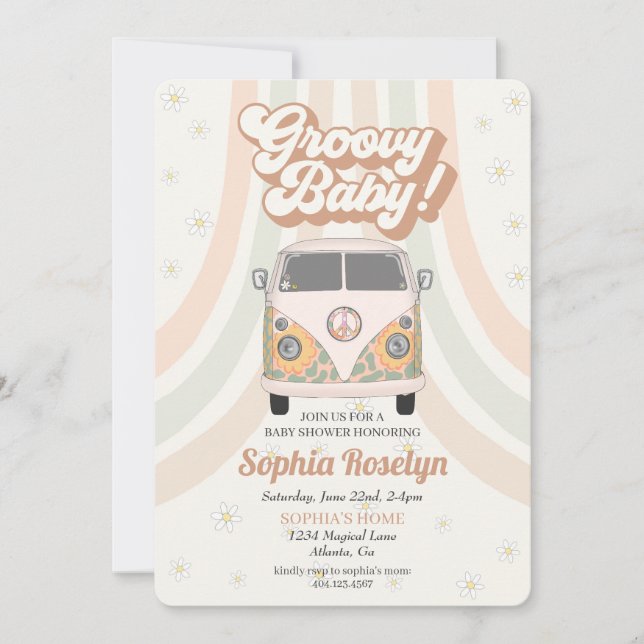 Groovy Baby Dusche, 70er Retro Thema Einladung (Vorderseite)
