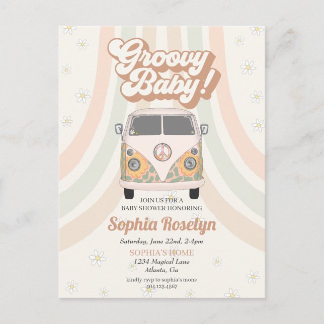 Groovy Baby Dusche, 70er Retro Thema Einladung Postkarte (Vorderseite)