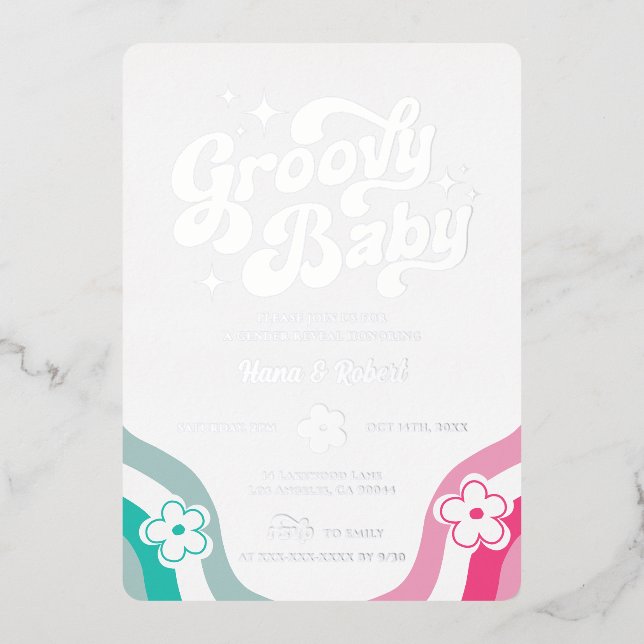 Groovy Baby Gender Reveal Foil Einladung (Vorderseite)
