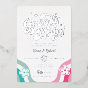 Groovy Baby Gender Reveal Foil Invitation Folieneinladung