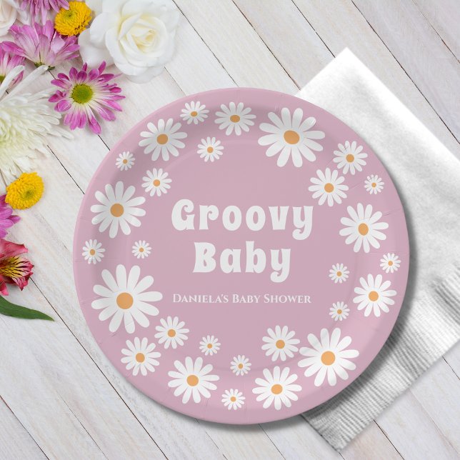 Groovy Baby Girl Pink Daisy 70er Retro Baby Dusche Pappteller (groovy baby girl shower paper plates pink daisy wreath daisies flower power)