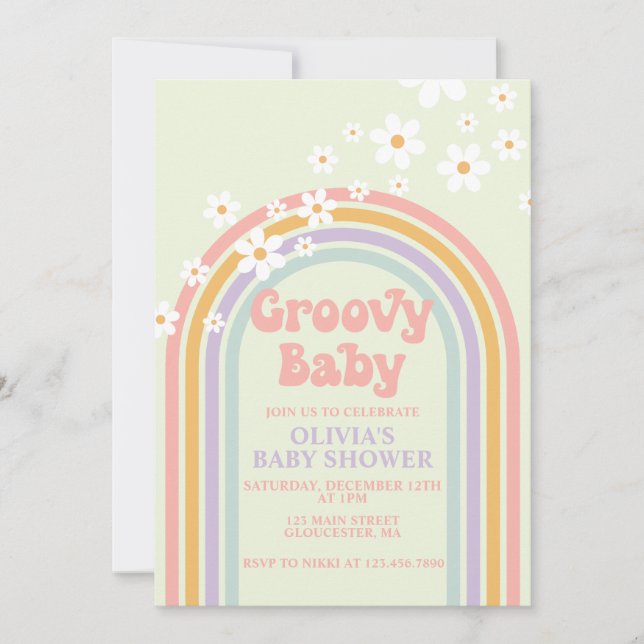 Groovy Baby Pastel Regenbogen Baby Dusche Einladun Einladung (Vorderseite)