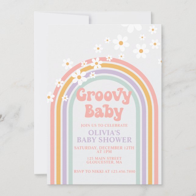 Groovy Baby Pastel Regenbogen Baby Dusche Einladun Einladung (Vorderseite)