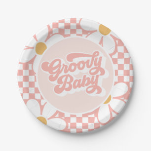 Groovy Baby Pink Gänseblümchen Karo Pappteller