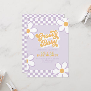Groovy Baby Retro Check Lila Gänseblümchen Einladung