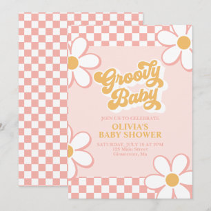 Groovy Baby Retro Check Pink Daisy Einladung