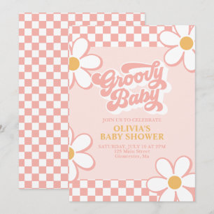 Groovy Baby Retro Check Rosa Gänseblümchen Einladung