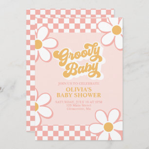 Groovy Baby Retro Karo Pink Daisy Einladung