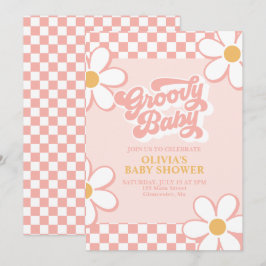Groovy Baby Retro Karo Pink Daisy Einladung