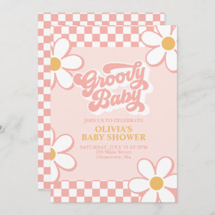 Groovy Baby Retro Karo Pink Daisy Einladung