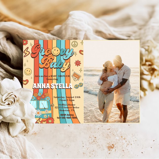 Groovy Baby Retro Rainbow Baby Dusche Party Foto Einladung (Von Creator hochgeladen)