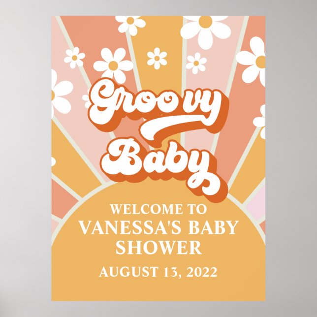 Groovy Baby Retro Sunshine Baby Dusche Begrüßung Poster (Vorne)