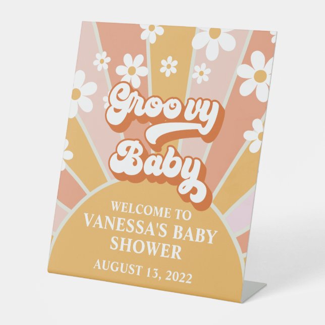 Groovy Baby Retro Sunshine Baby Dusche Begrüßung Sockelschild (Vorderseite)