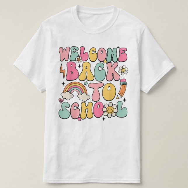 Groovy Back to School Shirt – Retro Rainbow Teache (Design vorne)