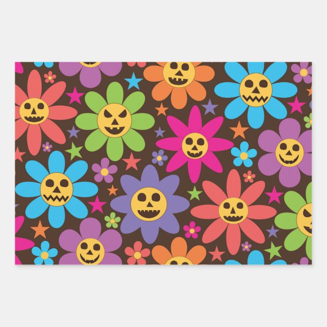 Groovy Beängstigend Retro Halloween Blume Muster Geschenkpapier Set (Vorderseite)