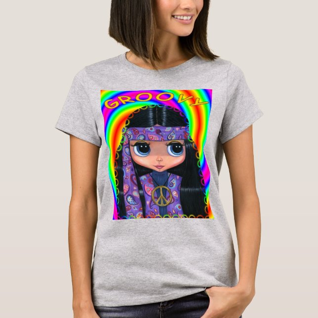 Groovy Big Eye Hippie Chick Girl Doll Niedlich T-Shirt (Vorderseite)