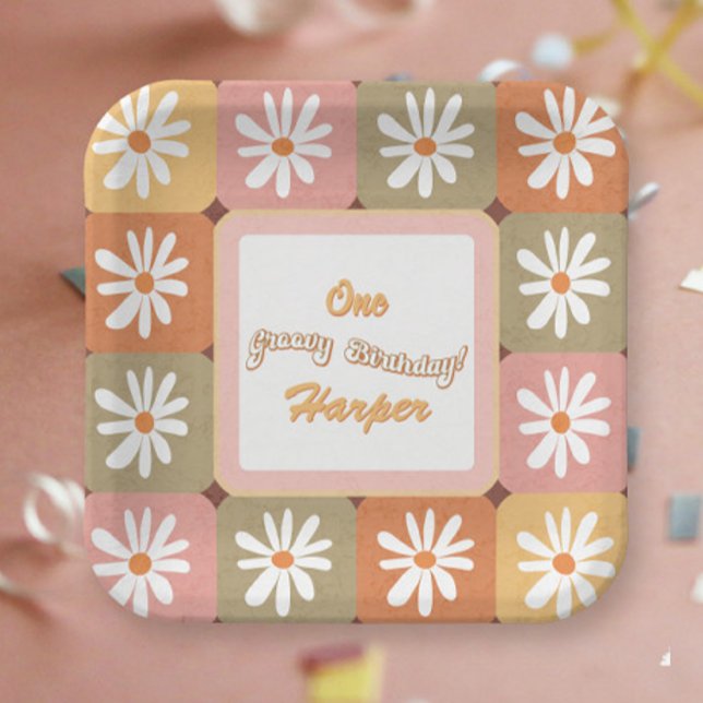 Groovy Birthday Retro Hippie 60er 70er Daisy Blume Pappteller (Von Creator hochgeladen)