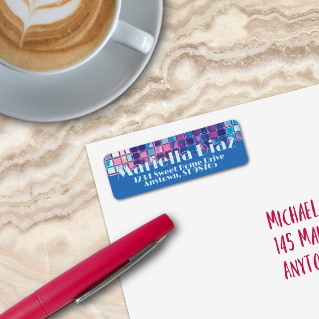 Groovy Blue & Lila Disco Ball Personalisiert (Groovy blue and purple disco ball personalized return address label)