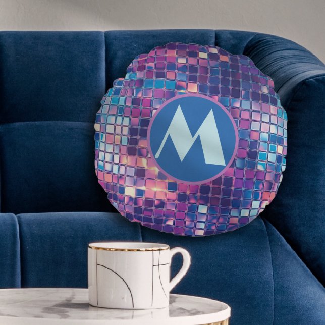 Groovy Blue & Lila Disco Ball Personalisiert Rundes Kissen (groovy blue and purple disco ball personalized monogram round pillow)