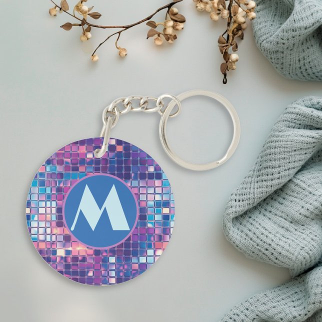 Groovy Blue & Lila Disco Ball Personalisiert Schlüsselanhänger (groovy blue and purple disco ball personalized monogram acrylic keychain)