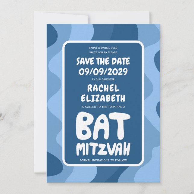 Groovy Blue Waves Custom Bat Bar Bnai Mitzvah Save The Date (Vorderseite)