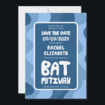 Groovy Blue Waves Custom Bat Bar Bnai Mitzvah Save The Date<br><div class="desc">Perfekte Karte, um eine Bar- oder Fledermausmitzvah oder andere jüdische Feier zu verkünden und Gäste zu Save the Date fragen! Handgefertigte Kunst für Sie mit Griffe auf der Vorder- und Rückseite! (Karo Shop oder DM für BAR/BAT Optionen) VOLL KUNSTBAR! Klicken Sie auf "Personalisieren" oben, um den Text zu bearbeiten. Klicken...</div>