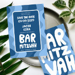 Groovy Blue Waves Custom Bat Bar Bnai Mitzvah Save The Date<br><div class="desc">Perfekte Karte, um eine Bar- oder Fledermausmitzvah oder andere jüdische Feier zu verkünden und Gäste zu Save the Date fragen! Handgefertigte Kunst für Sie mit Griffe auf der Vorder- und Rückseite! (Karo Shop oder DM für BAR/BAT Optionen) VOLL KUNSTBAR! Klicken Sie auf "Personalisieren" oben, um den Text zu bearbeiten. Klicken...</div>