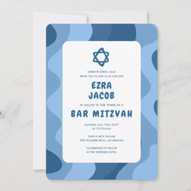 Groovy Blue Waves Star von David Custom Bar Mitzva Einladung (Vorderseite)